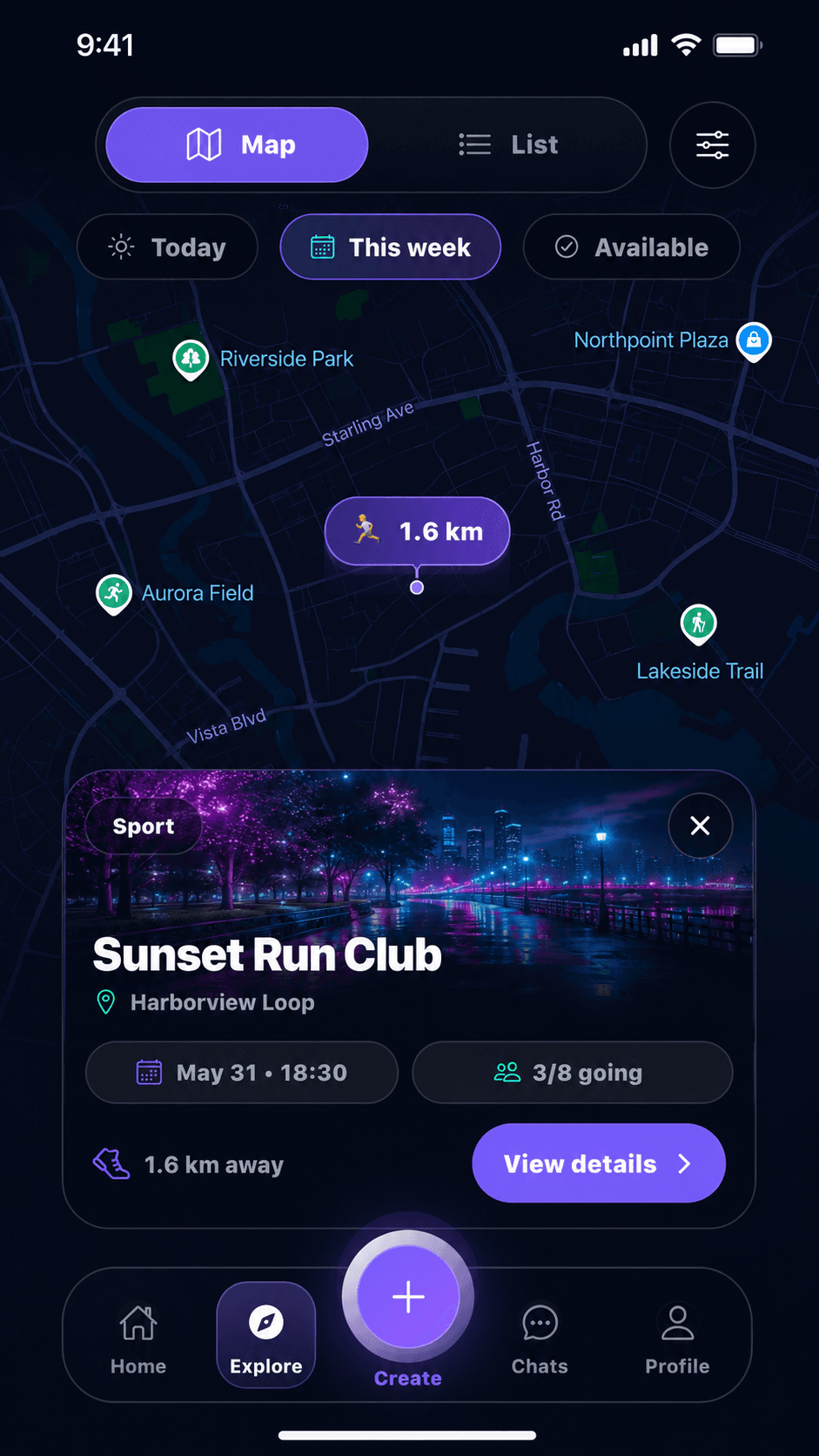 Anonymized Yumeva Explore screen showing a map and nearby plan card
