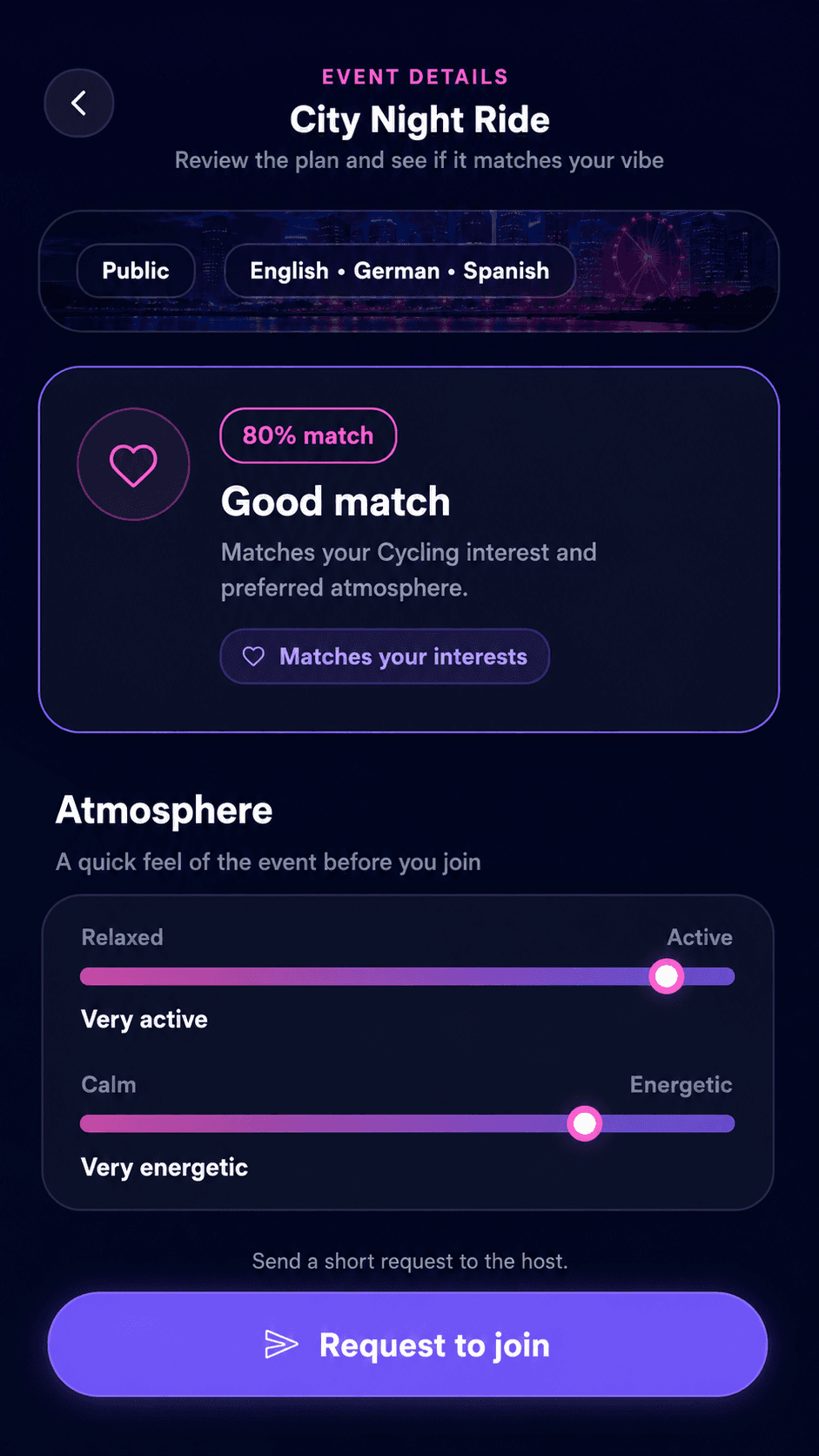 Anonymized Yumeva Match screen showing fit score and atmosphere sliders